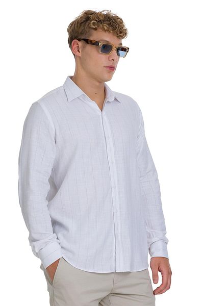 Hatemoğlu Brown Comfort Fit 100% Cotton Striped Slim Neckline Long Sleeve Sports Shirt
