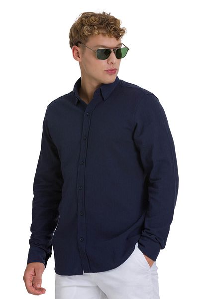 Hatemoğlu Navy Blue Comfort Fit 100% Cotton Hidden Button Collar Long Sleeve Cotton Shirt