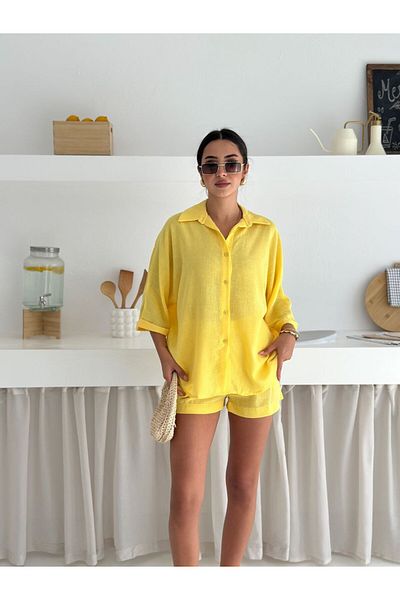 WellWay Linen Fabric Oversize Shirt & Shorts Two-Piece Set-Yellow