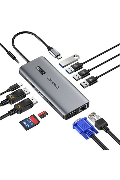 CHOETECH Adapter HUB wielofunkcyjny z wyświetlaczem USB-C USB-A VGA AUX SD TF 12w1 szary