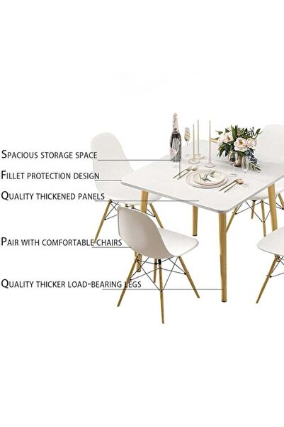 Taimi 7-Pieces Dining Set: White Rectangular Table (120x60x73 cm) + 6 White Plastic Chairs (70x40x40 cm)