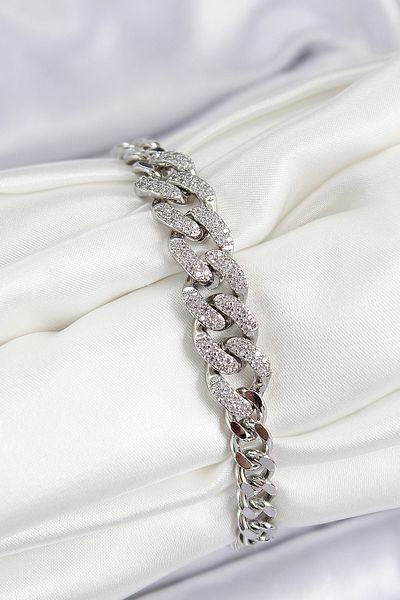 Clariss Brass Zircon Stone Cuban Chain Model Silver Color Women's Bracelet