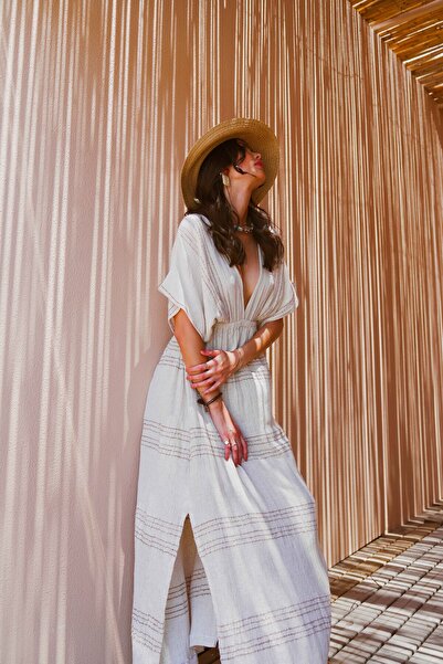 Buldanevi Helena Keten Kısa Kollu Elbise Tütün