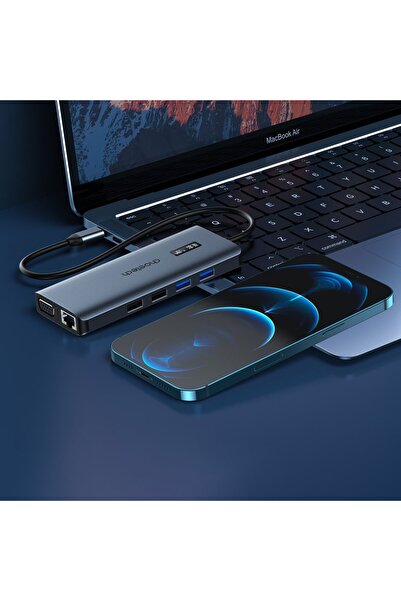 CHOETECH Adapter HUB wielofunkcyjny z wyświetlaczem USB-C USB-A VGA AUX SD TF 12w1 szary