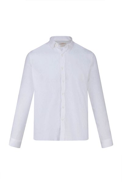 Hatemoğlu White Comfort Fit 100% Linen Button Collar Long Sleeve Linen Shirt