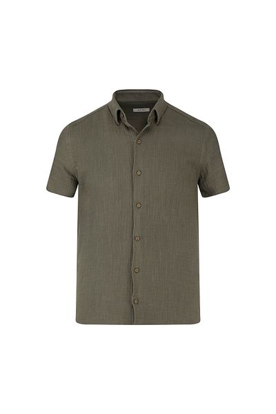 Hatemoğlu Khaki Comfort Fit 100% Cotton Hidden Button Collar Short Sleeve Shirt