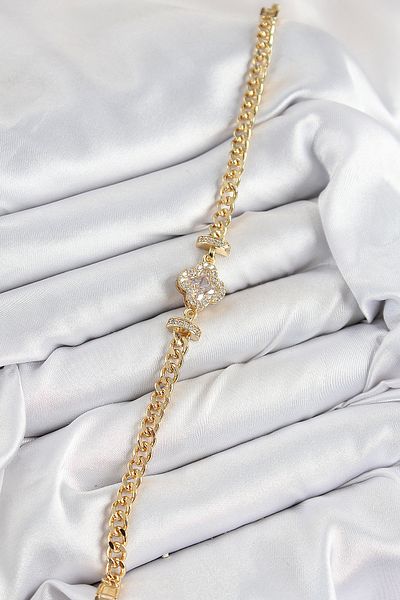Toptan Bulurum Brass Zircon Stone Clover Model Gold Color Women's Bracelet