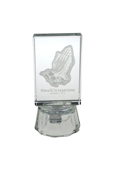 OEM Glass Decoration with LED, Joined Hands and Biblical Text (Romans 12:12), Silver, 4x9cm