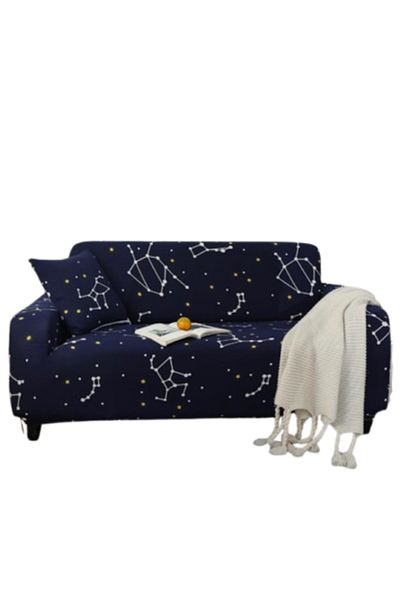 OEM Husă elastică pentru canapea, Comfort, Elastan, Imprimeu Constelații, Dimensiune L-3 locuri, 185x230cm, Bleumarin-Alb