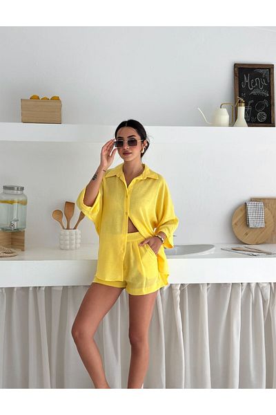 WellWay Linen Fabric Oversize Shirt & Shorts Two-Piece Set-Yellow