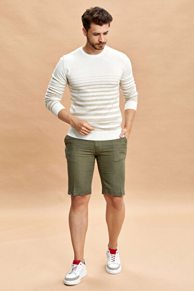 SMILE Cucino Ecru - Beige Striped Crew Neck Sweater