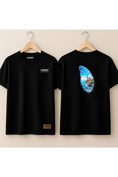 HUBERYWEAR تي شيرت مطبوع للرجال - نمط ملون من ريش الطيور وبرج البحر |   ملاءم...