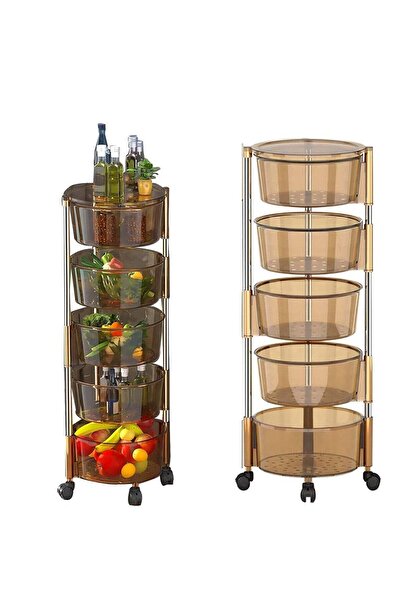 N2Y رف تخزين شفاف متعدد الطبقات قابل للدوران مع سلة قابلة للإزالة - بني