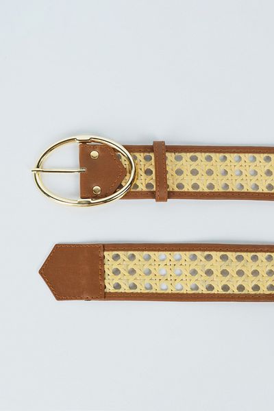 BE BLUE Leather Belt with Straw Knitting Details