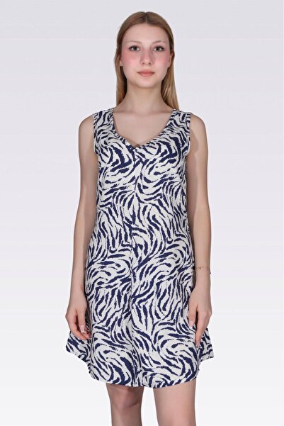 haha Women's White Above Knee V Neck Blue Zebra Print Casual Dress