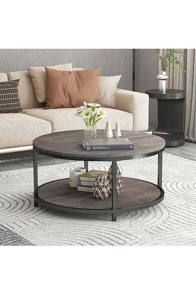 AGD Living Room Rustic Wooden Coffee Table 2 Layers Sturdy Metal Legs Table Spacious Round Top Coffe