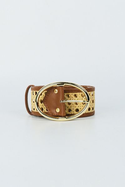 BE BLUE Leather Belt with Straw Knitting Details
