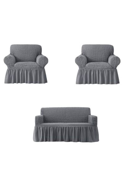 OEM Set 3 Huse, 2 fotolii si canapea 3 locuri, Creponat cu Volanase, Poliester cu Licra, Gri Deschis