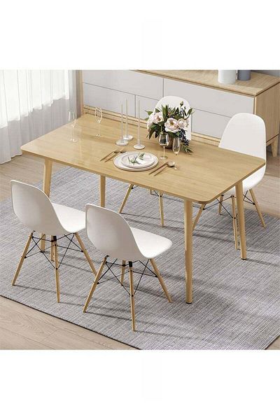 Taimi 5-Piece Dining Set, Brown Modern Rectangular Table, 120x60x73cm with 4 Elegant White Plastic Chairs