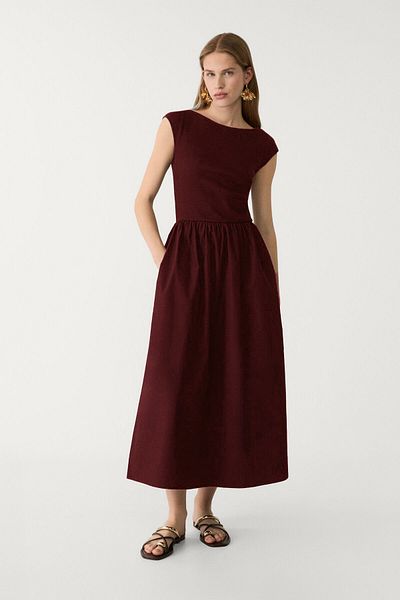 VODENS Women's Burgundy Contrast Pocket Detailed Midi Dress