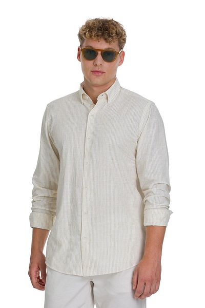 Hatemoğlu Beige Comfort Fit Striped Button Collar Cotton-Linen Long Sleeve Shirt