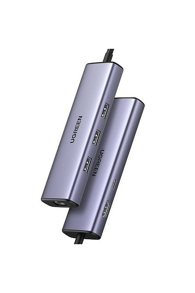 Ugreen Adaptor HUB 6 în 1 USB-C - 3x USB-A 3.0 / HDMI / RJ45 / USB-C PD - gri
