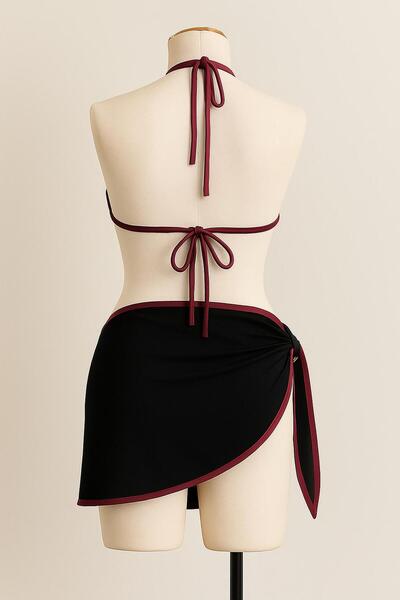 Stail Moda Kadın bordo 3LÜ Yandan ve Boyundan Bağlamalı Tangalı Üçgen Bikini Plaj Mayo Gecelik Deniz Takımı