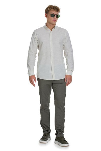 Hatemoğlu Khaki Comfort Fit Striped Button Collar Cotton-Linen Long Sleeve Shirt