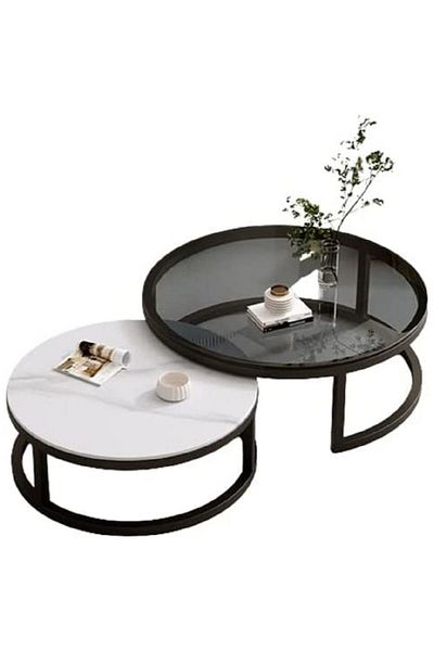AGD Modern Nesting Round Coffee Table Set of 2 Pieces for Living Room Balcony Garden Etc