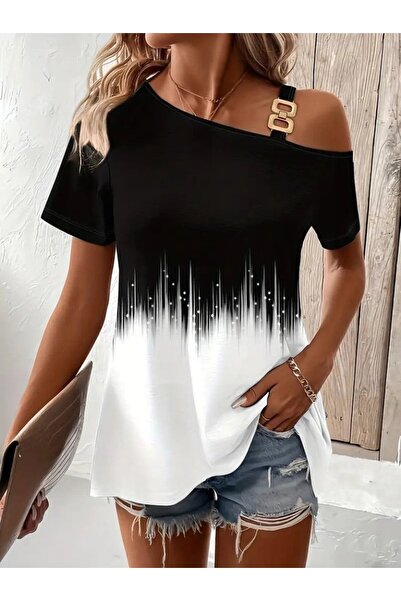 Viyamo New Season Women's One Shoulder Open Strap Detailed Patterned Single Jersey Blouse