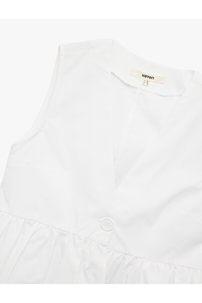 Koton Cotton V-Neck Peplum Button Detail Sleeveless Poplin Blouse