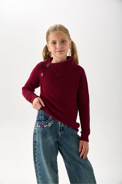Nisrakids Girls' Knitwear Sweater - Button Detailed Wide Collar and Long Sleeve Model