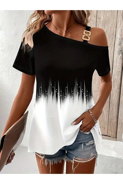 Modayakamoz New Season Women's One Shoulder Open Strap Detailed Patterned Single Jersey Blouse