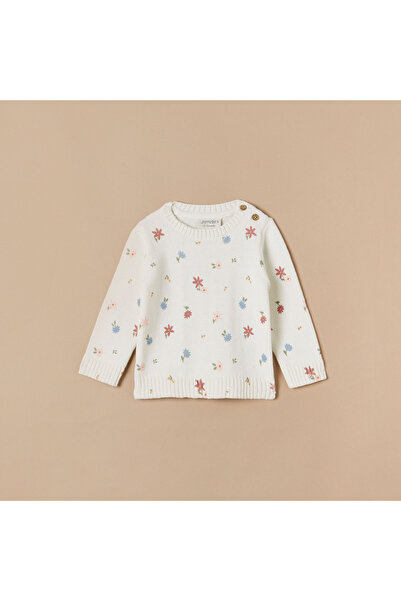 Juniors All-Over Floral Print Sweater with Crew Neck and Long Sleeves
