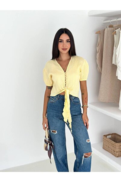 Noa Noa Button Detailed Tie-Up Short Sleeve Shirt