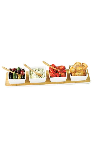 Cuisine Art By Styli Cuisine Art Bamboo Serving Set with 4 Pcs Ceramic White Bowls