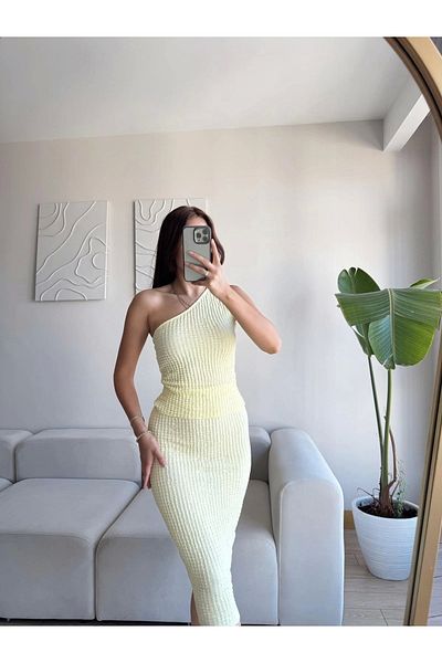 Zoom Butik One Shoulder Crop & Skirt Suit - Yellow