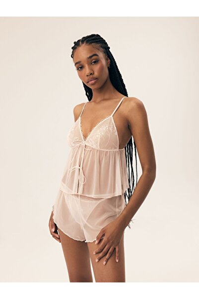 ESOTIQ Women's Cami Set Pajama Two-Piece Semi-Transparent Embroidered Details Romantic Sexy | Baby