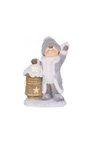 Strend Pro Christmas decoration, ceramic, boy with snowy mailbox, LED, 3xAA, 33x23x45 cm