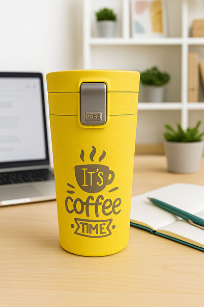 Tohana Yellow "It's Coffee Time" Written Glass Mug with Protection Case and Ziplock Lid 370ml