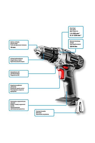 graphite Drill, screwdriver (drill), 18V Li-ion (battery not included), chuck 0.8-10 mm, Grap