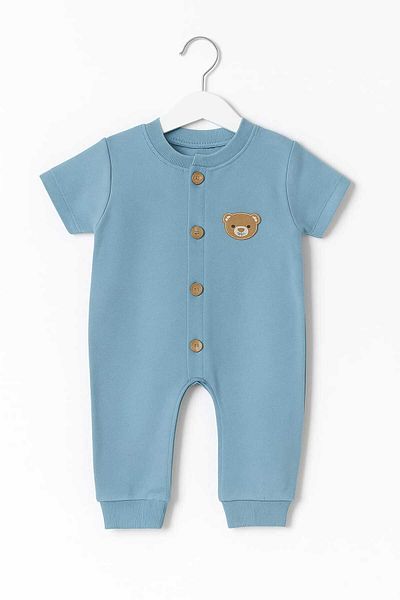 neocotton Buttoned Front Short Sleeve Ribbed Baby Jumpsuit Without Booties