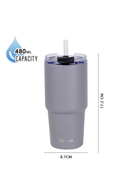 Nessan By Styli Double Wall Stainless Steel Vacuum Insulated Travel Mug Grey, 480ml