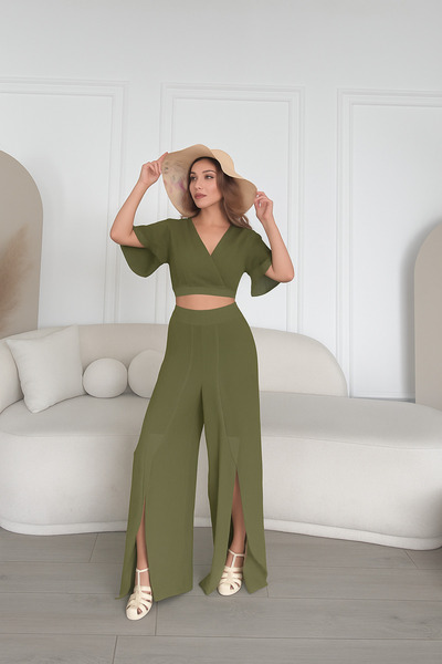 Moda Hour Χακί άνοιγμα Παντελόνι - Γυναικείο Σετ Crop