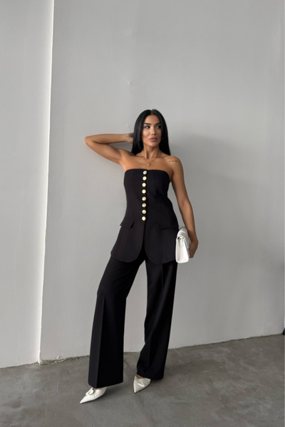 Queene Dreams Design Gold Buttoned Strablezyek - Black