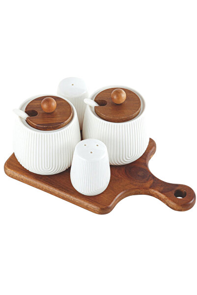 Shallow By Styli طقم توابل من البورسلين من خشب الأكاسيا الضحل، مكون من 4 قطع