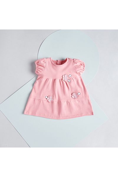 Juniors Floral Applique Cotton Dress with Puff Sleeves