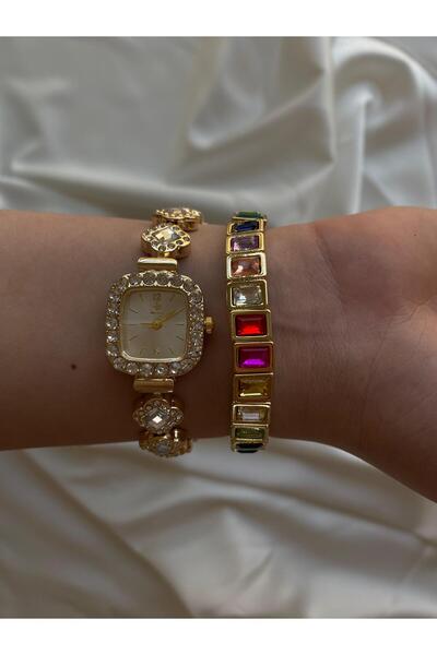 begonvil jewerly Vintage Zarif Çiçek Kadranlı Taşlı Gold saat