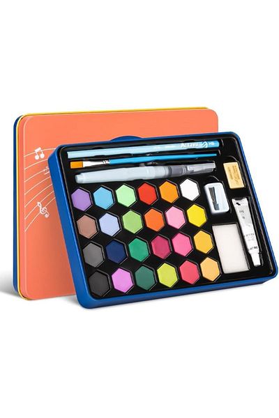 Deli 73936-36 Solid Watercolor Paint, Brushes and Accessories Set in Metal Box for Kids and Beginner