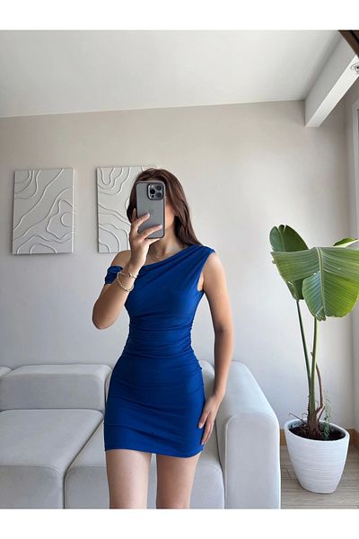 Zoom Butik Boat Neck Gathered Dress - Saks Blue